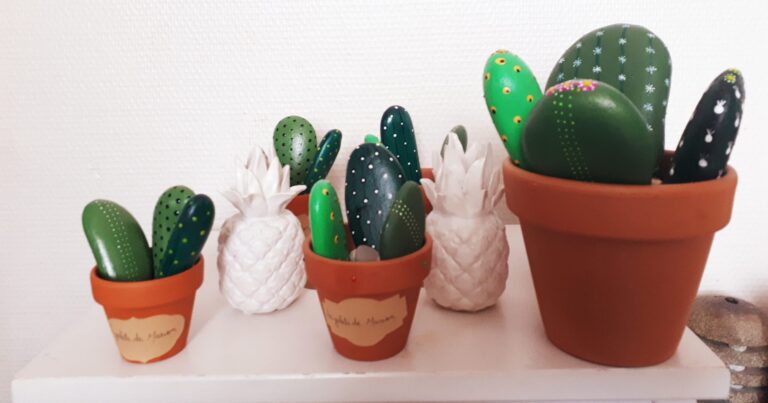 rangée de galets peints cactus 3 coloris avec motifs dans pot en terre cuite 3 tailles de pots différentes