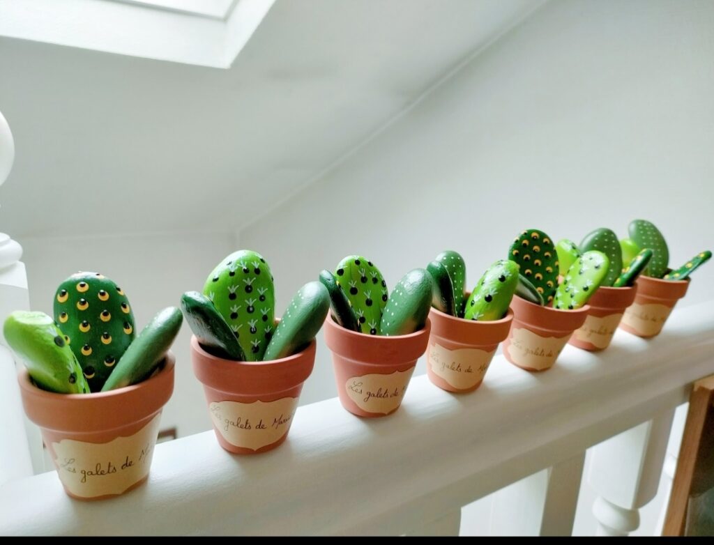 créations de galets peints cactus dans pots en terre cuite