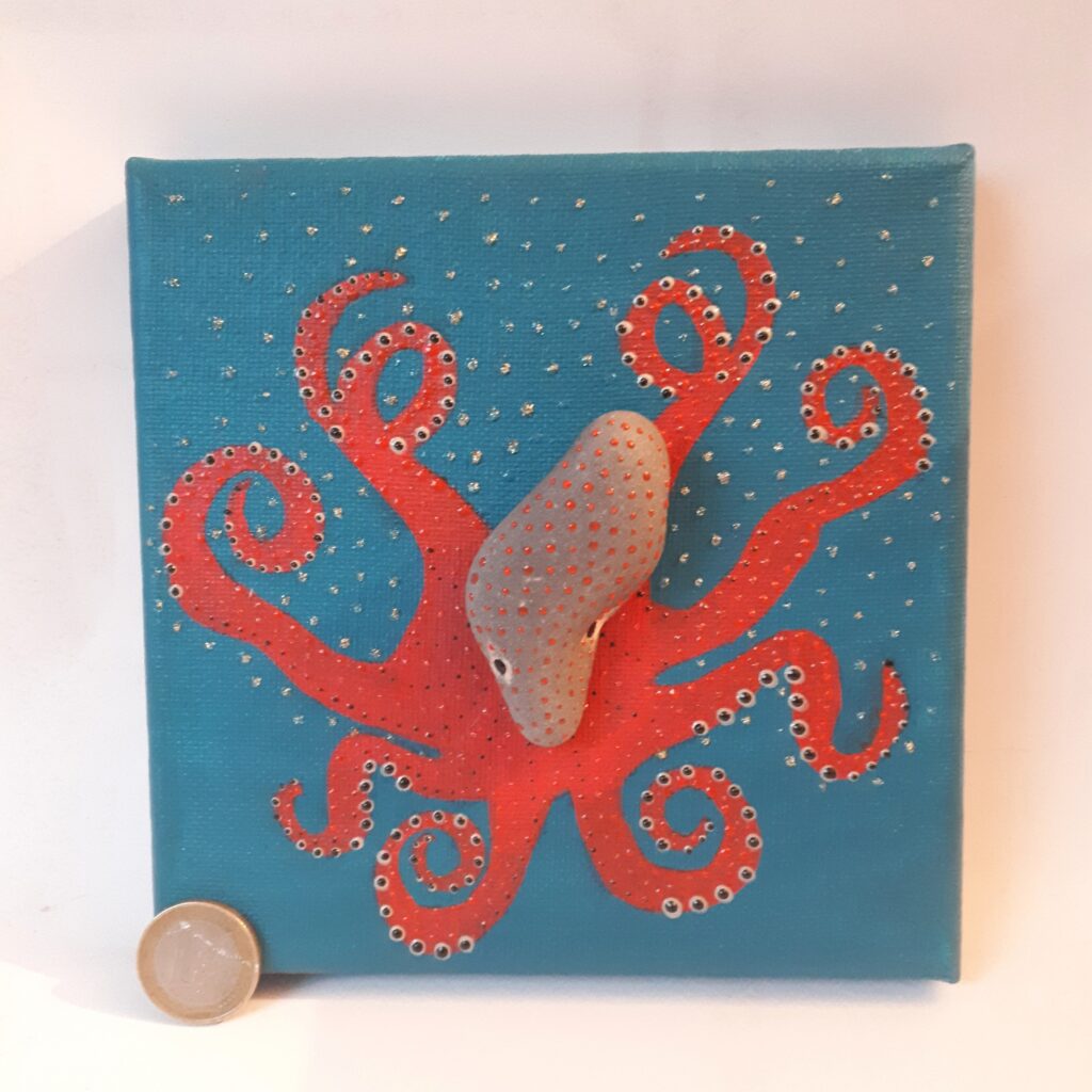 toile peinte et galets peint pieuvre rouge sur fond rouge octopus