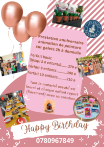 Flyer presta anniversaire peinture sur galets 2025 2h d'animation pour un anniversaire créatif et festif
