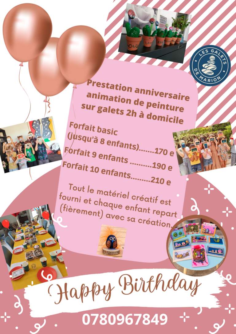 Flyer presta anniversaire peinture sur galets 2024 2h d'animation pour un anniversaire créatif et festif