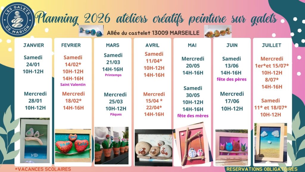 Planning Atelier 2026 peinture sur galets Marseille 9 eme activité a partager entre amis ou ne famille les galets de Marion reservation 0780967849