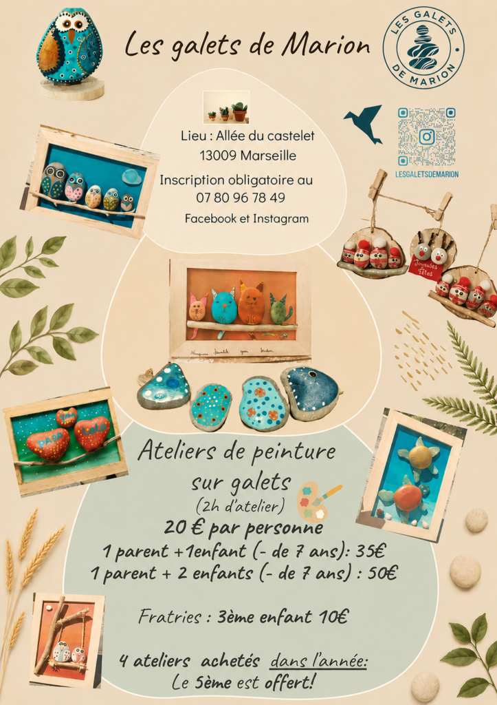 flyer tarifs ateliers de peinture sur galets les galets de Marion Marseille 9 eme